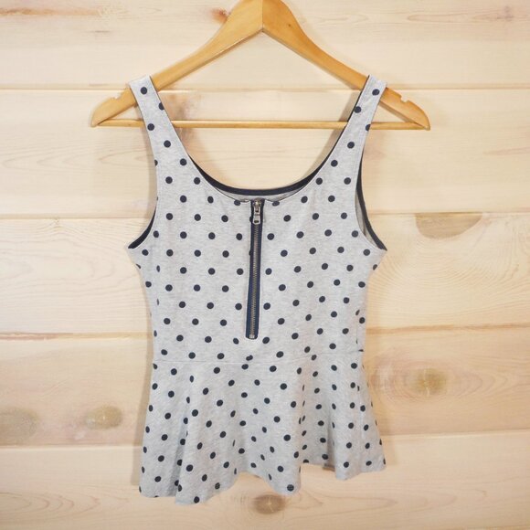 Express Women's size S Sleeveless Cropped Peplum Top Gray Polka Dot Zip - Picture 2 of 7